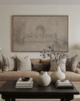 living room with beige sofa, wooden coffee table, and decorative vases.