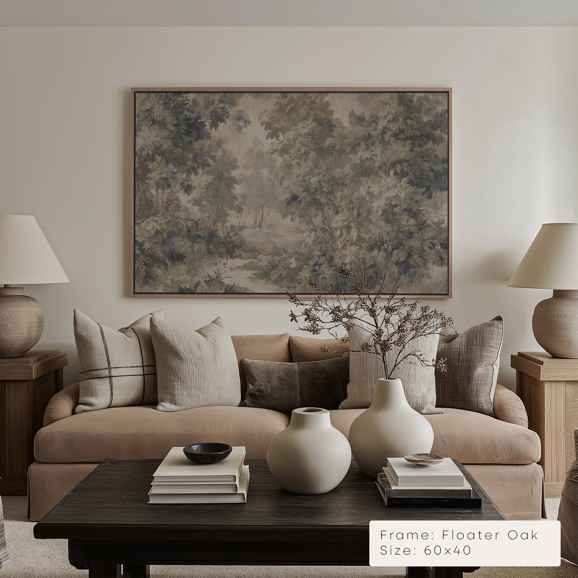 Living room with beige sofa, decorative vases, and a framed landscape painting.