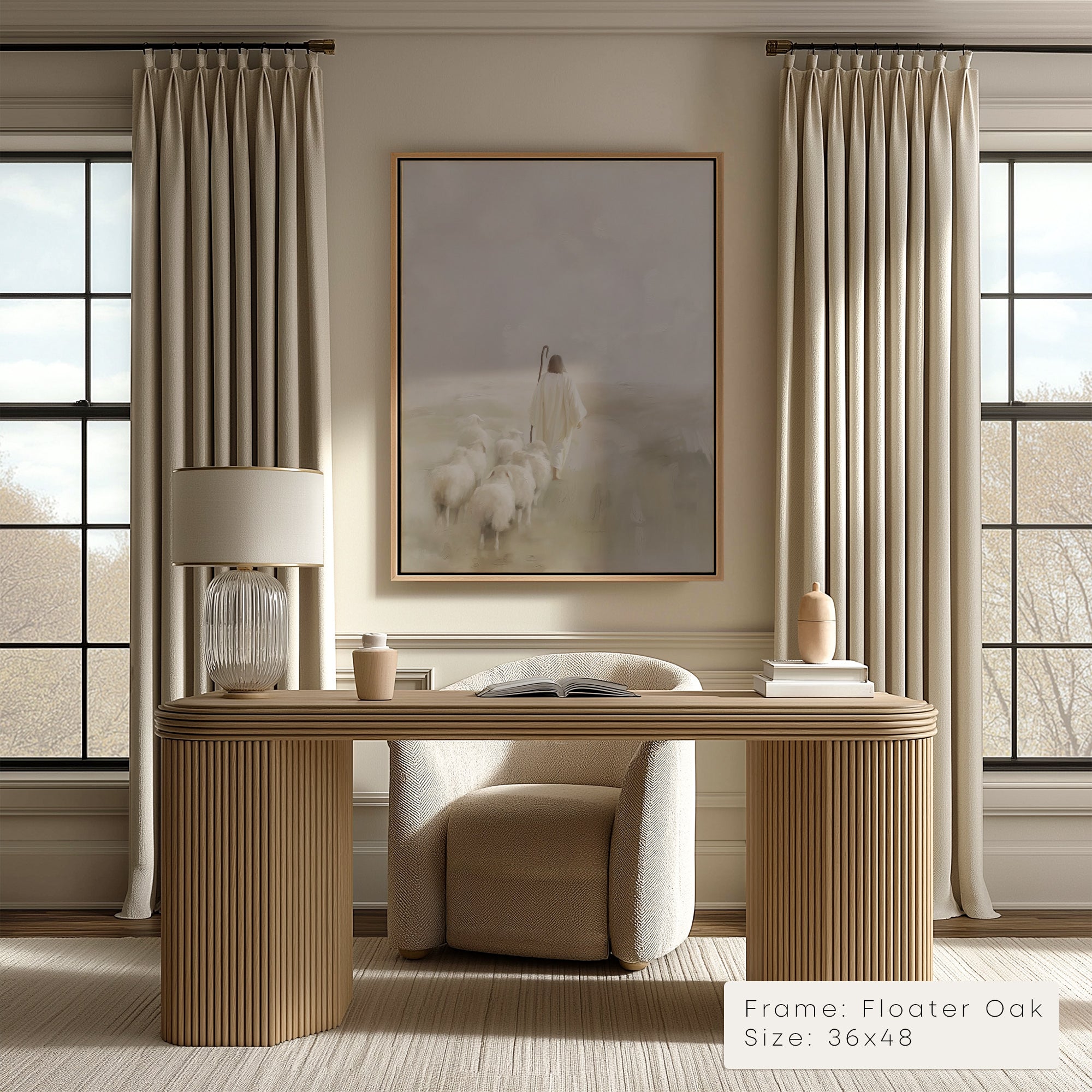 Modern home office with wooden desk, chair, and framed artwork on the wall.
