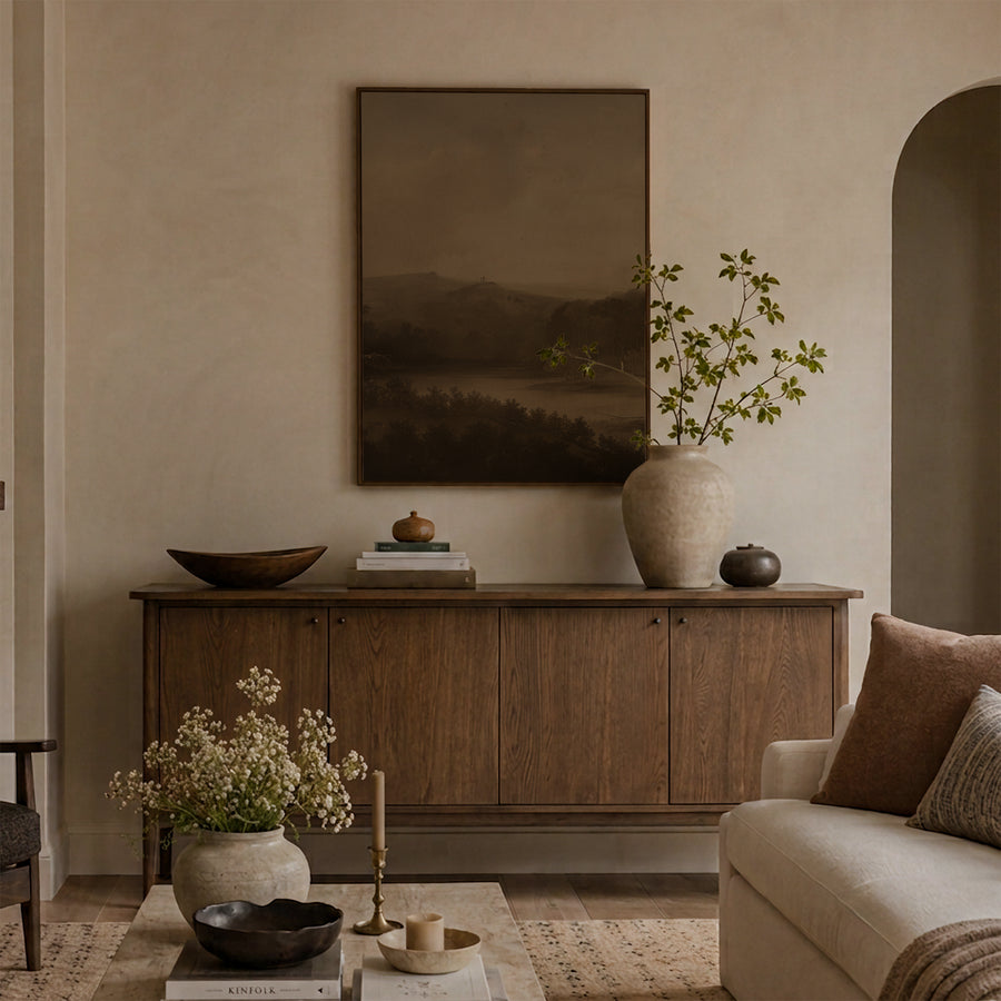 Shown in a floater Walnut frame in size 36x48