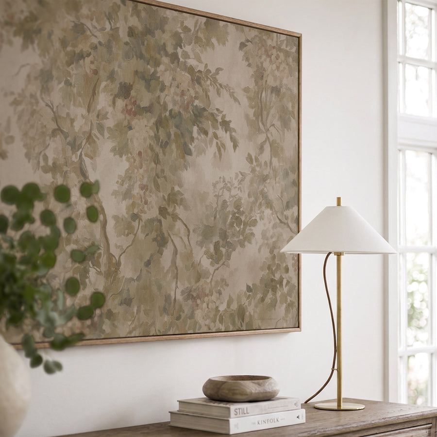 Shown in a floater Oak frame in size 48x36