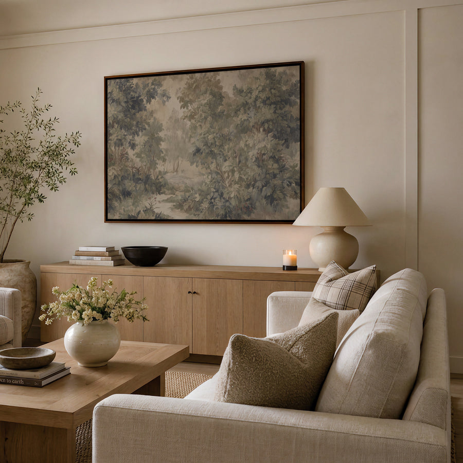Shown in a floater Walnut frame in size 48x36