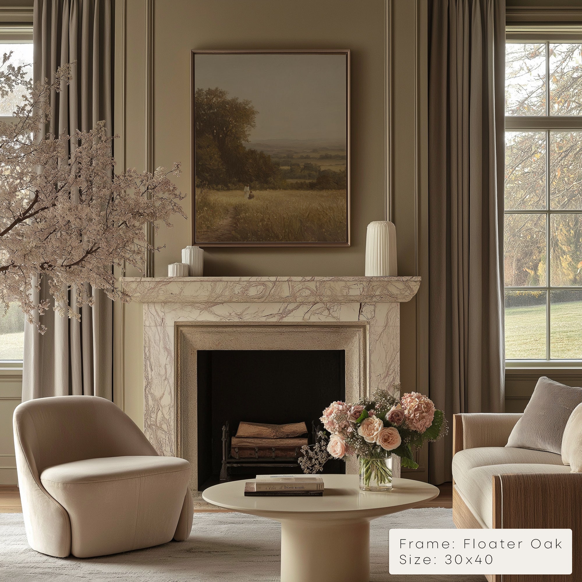 Living room with marble fireplace, armchair, and floral arrangement.