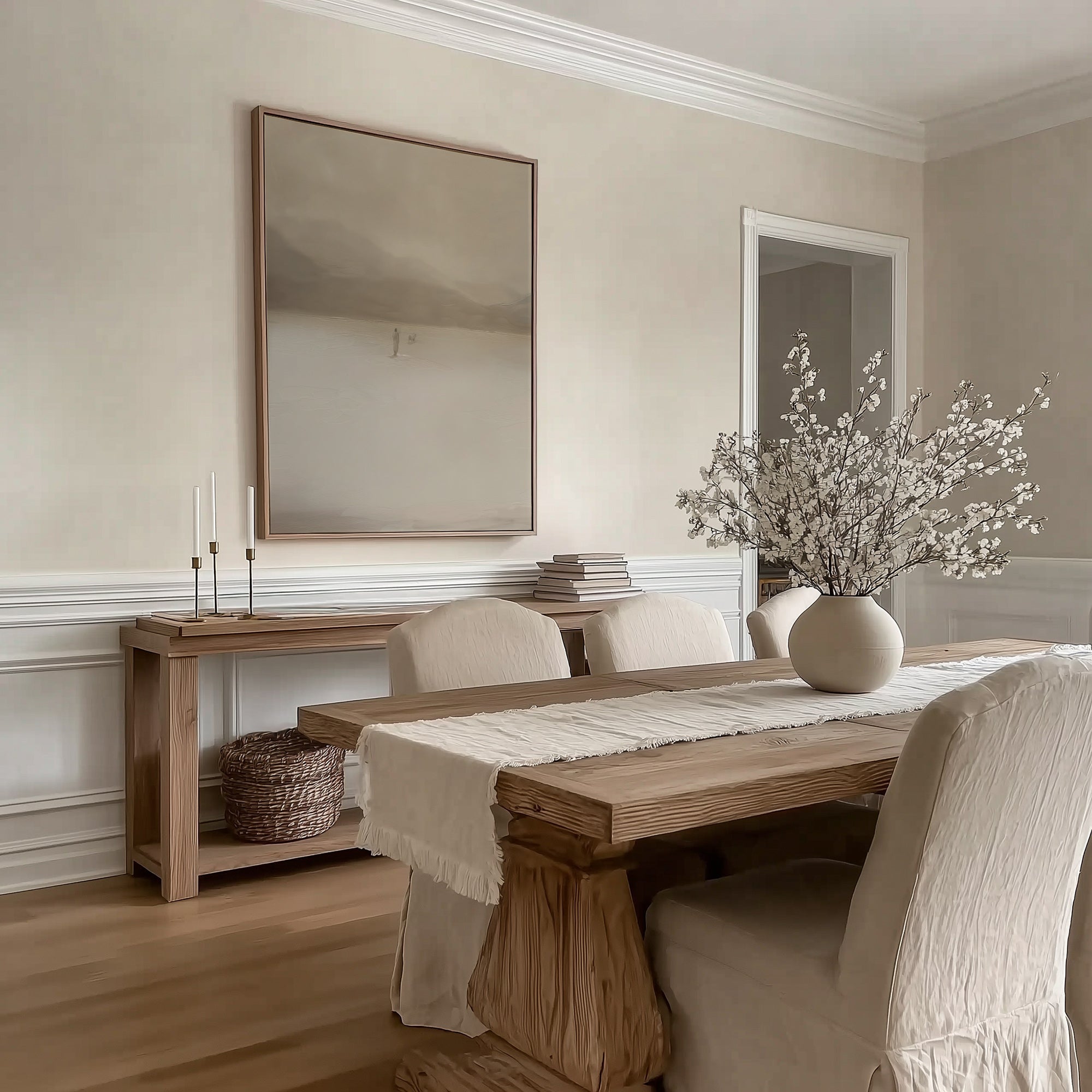 Dining room with wooden table, chairs, and decorative elements.
