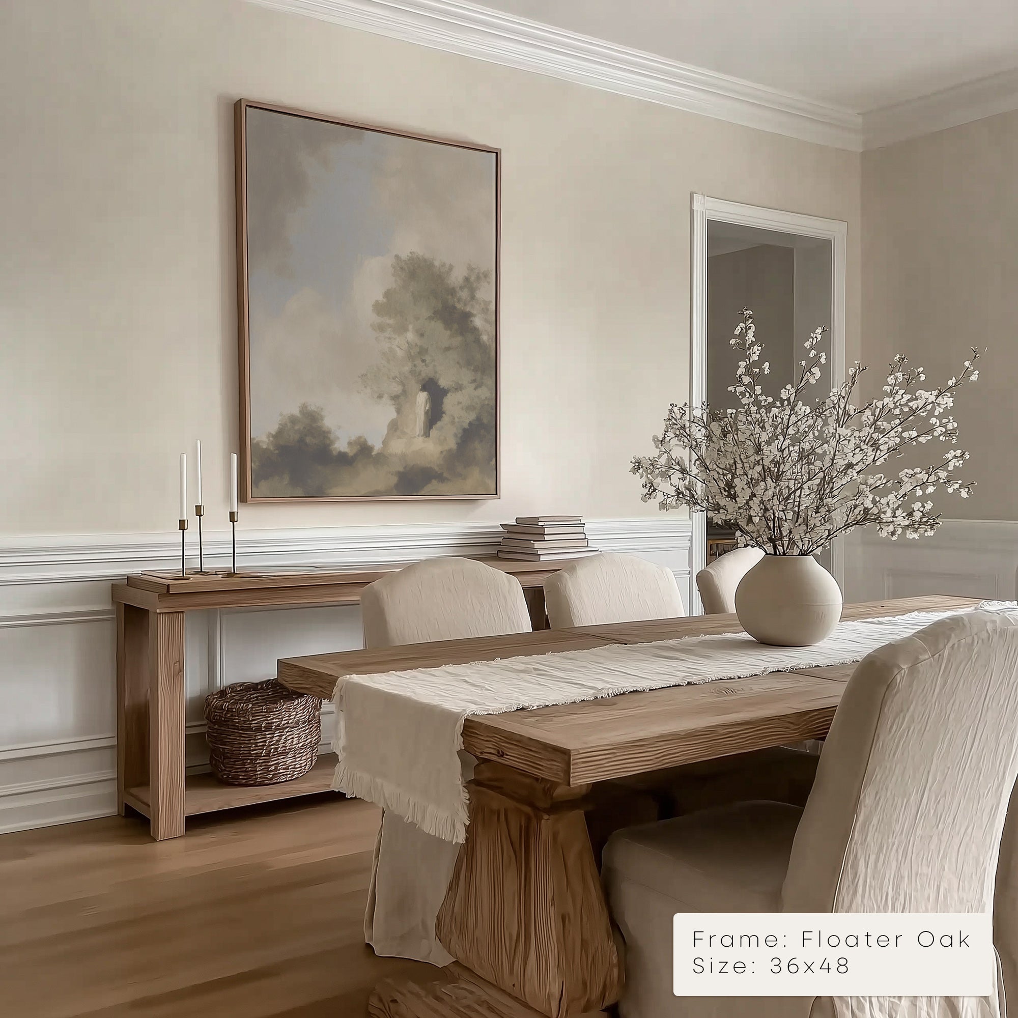 Dining room with wooden table, chairs, and decor elements.