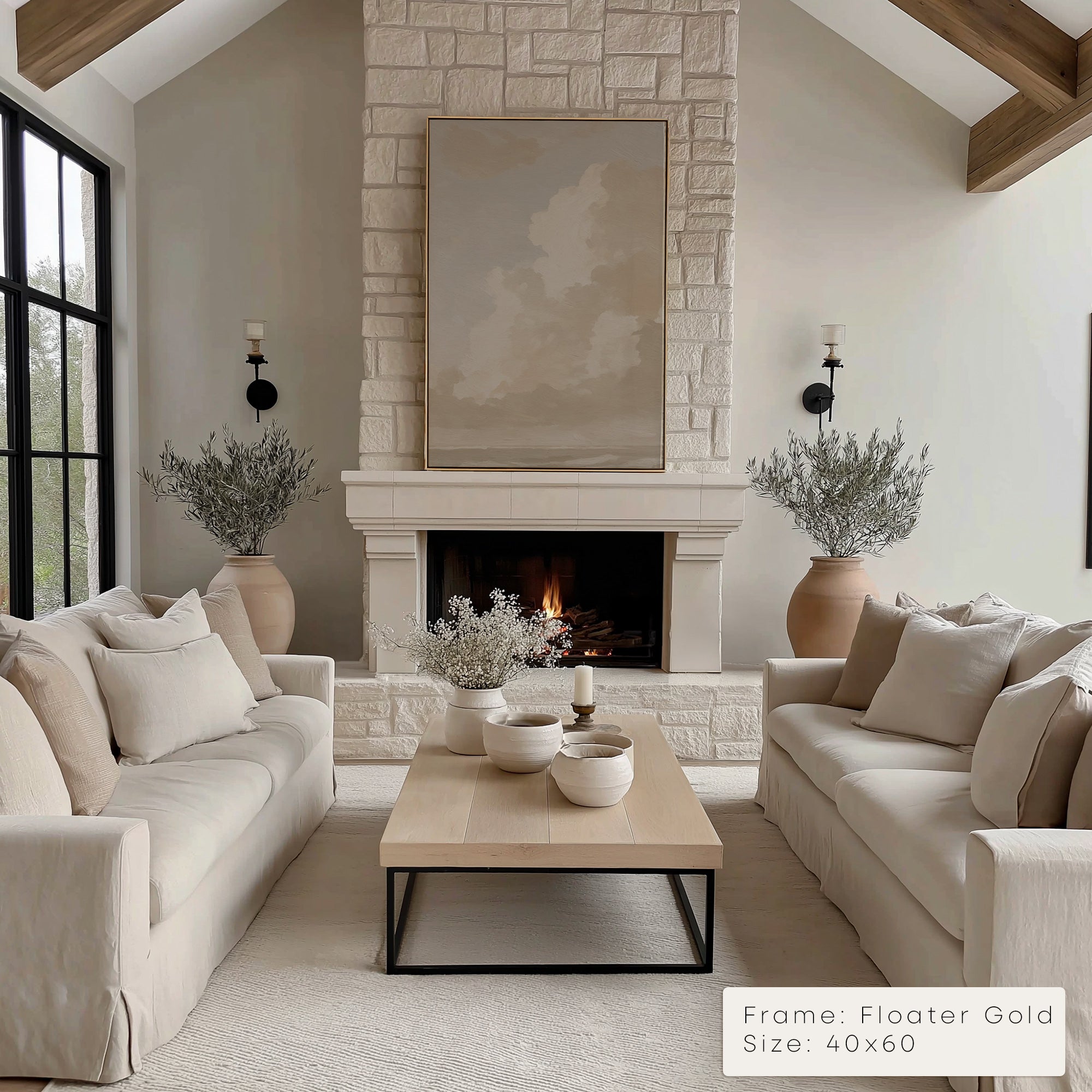 Modern living room with a fireplace, beige sofas, and decorative elements. __lifestyleImage