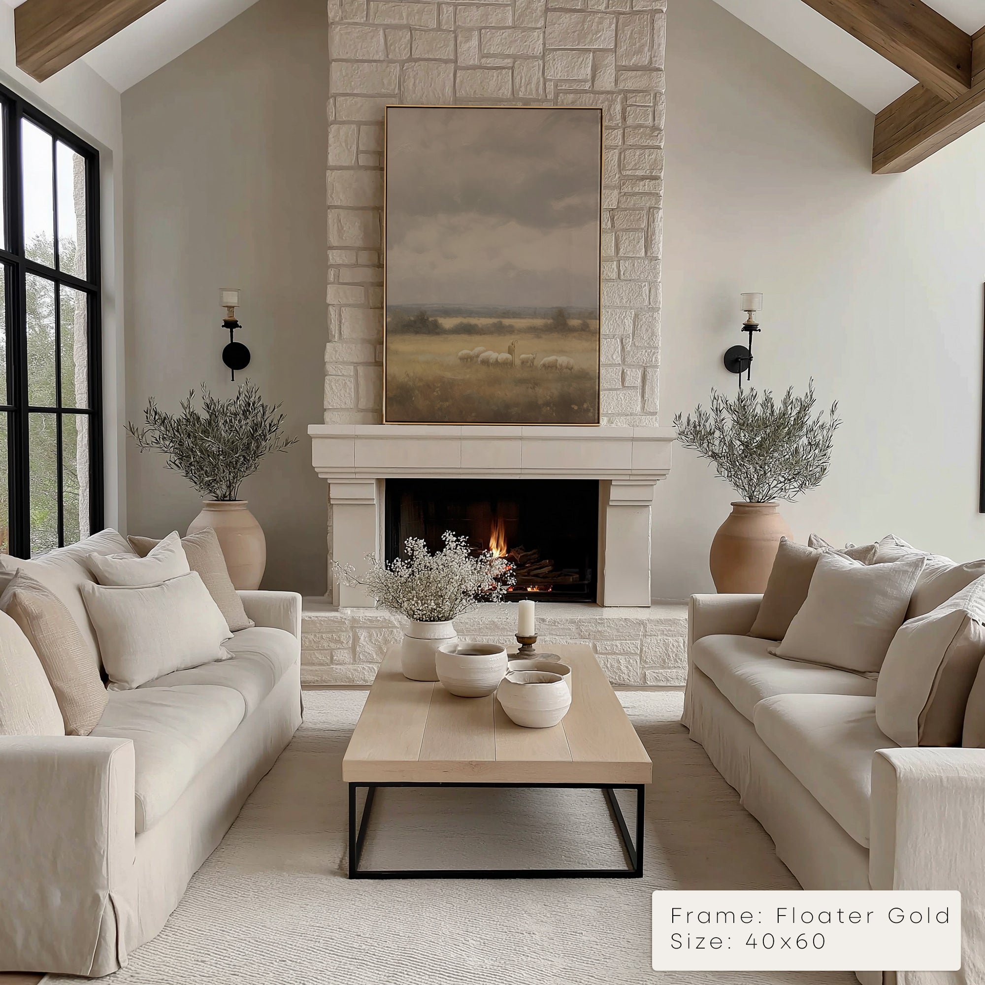 Living room with a fireplace, beige sofas, and decorative elements. __lifestyleImage
