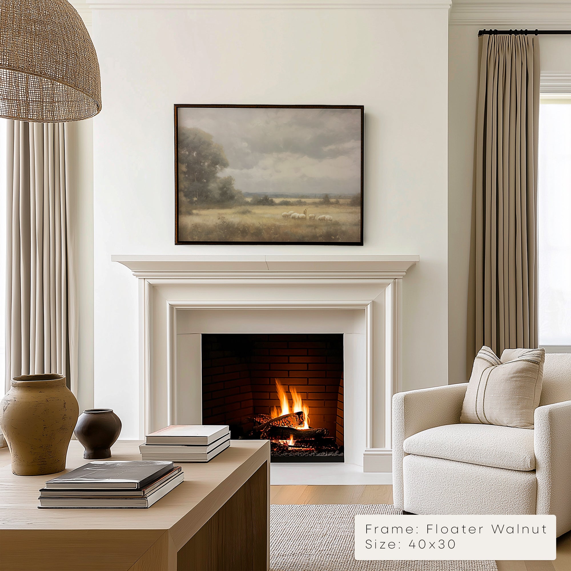 Living room with a fireplace, framed landscape painting, and beige sofa.