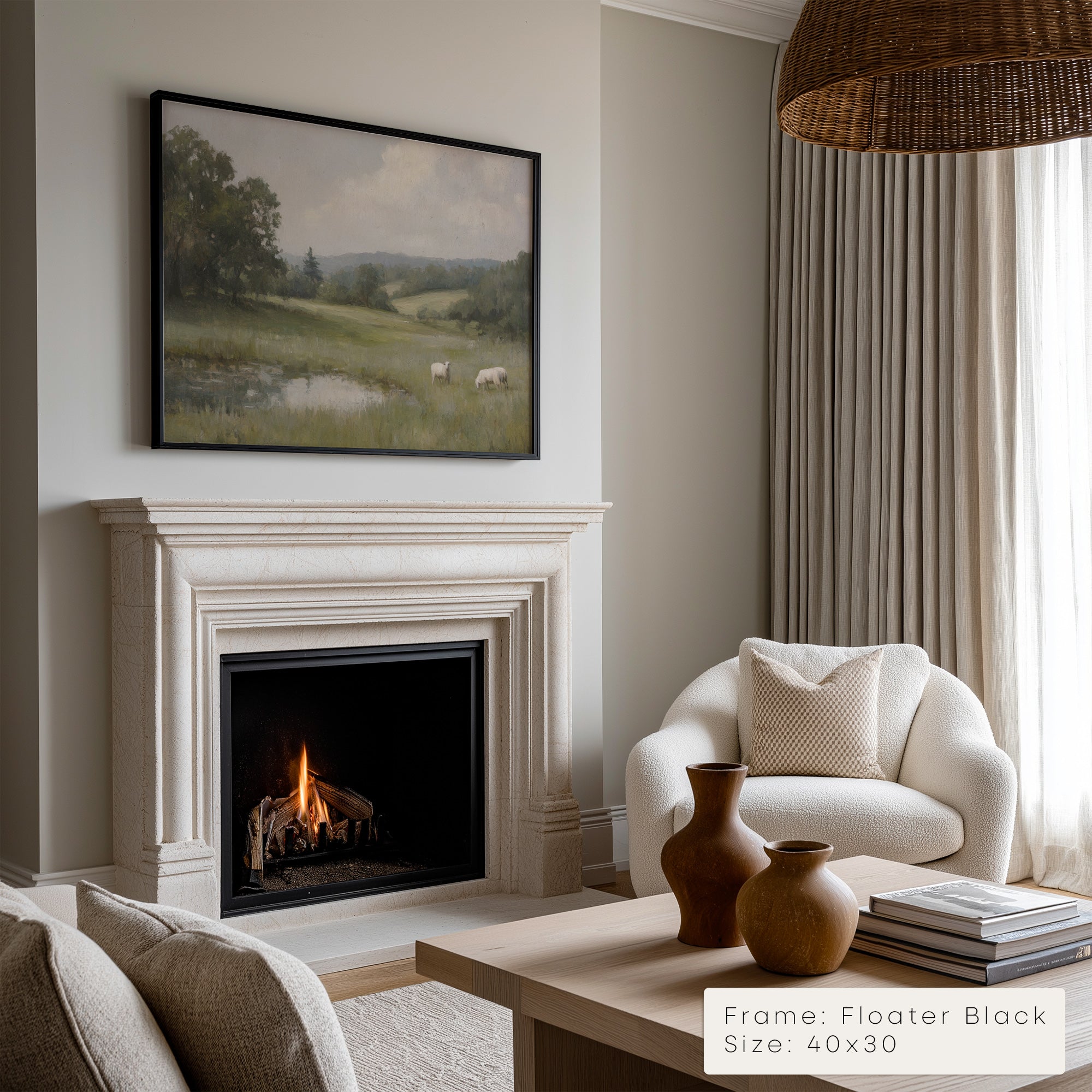 Living room with fireplace, white armchair, and framed landscape painting.