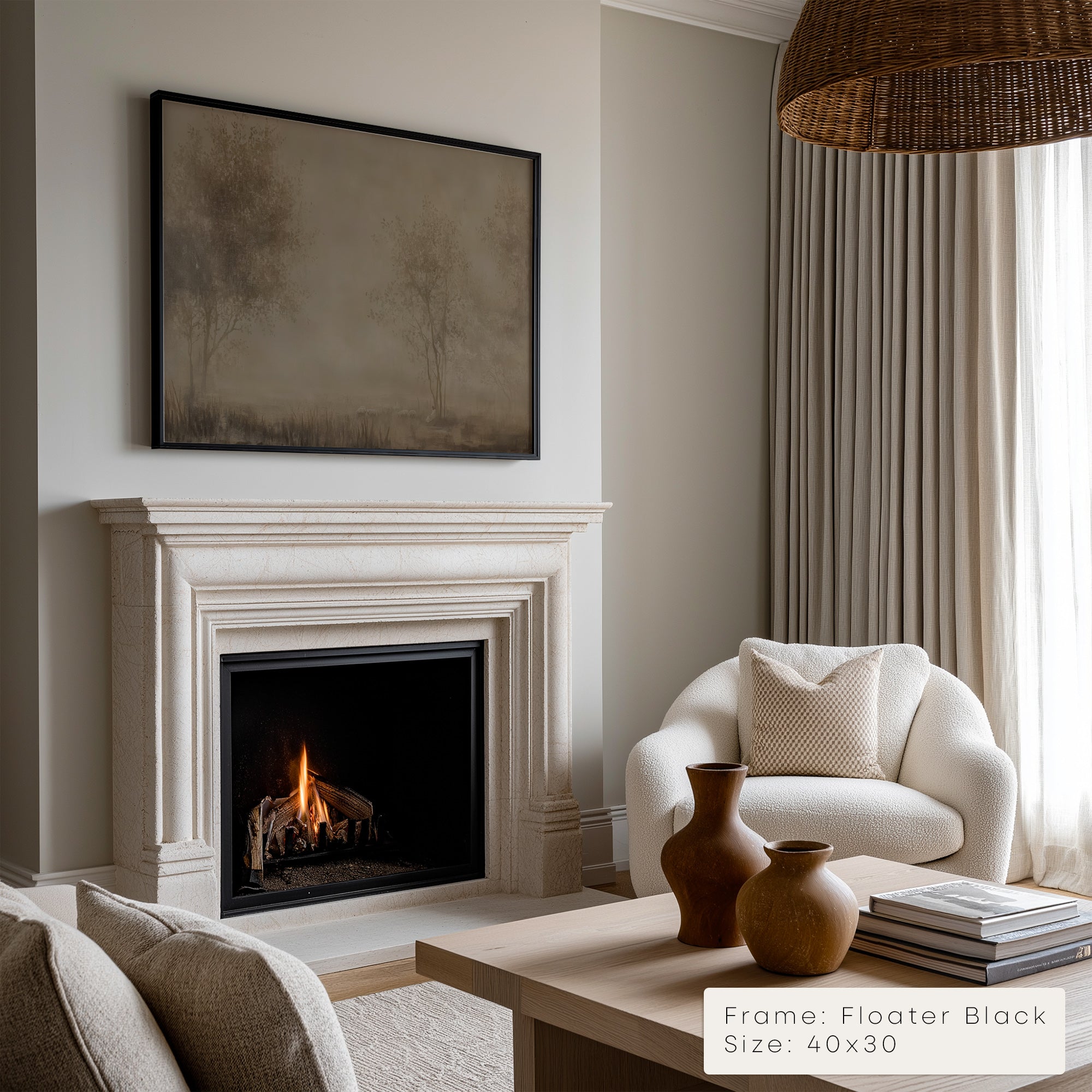 Living room with fireplace, white armchair, and coffee table with decorative items.
