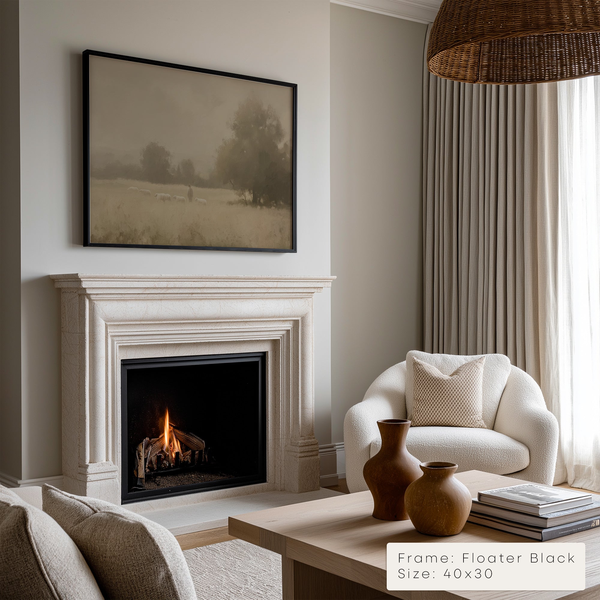 Living room with fireplace, white armchair, and framed artwork on the wall.