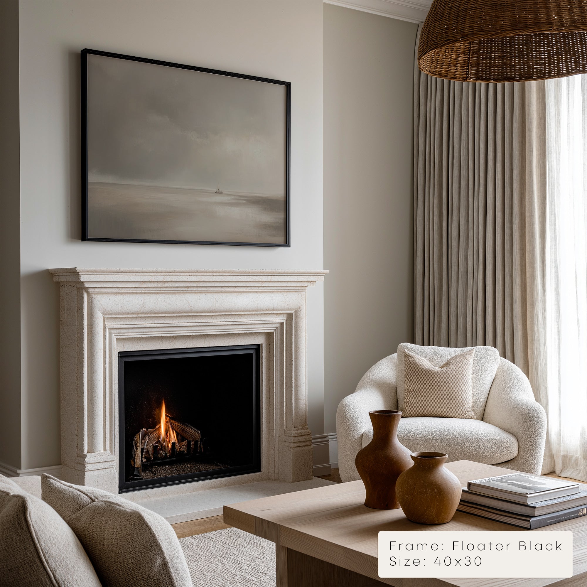Living room with fireplace, white armchair, and coffee table with decor items.