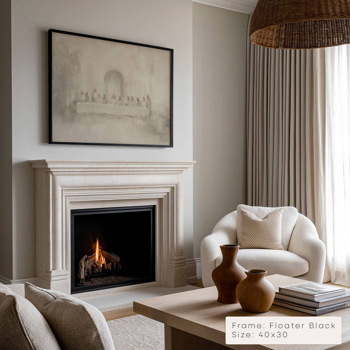 Living room with fireplace, white armchair, and coffee table with decor items.