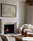 living room with fireplace, white armchair, and coffee table with decor items.