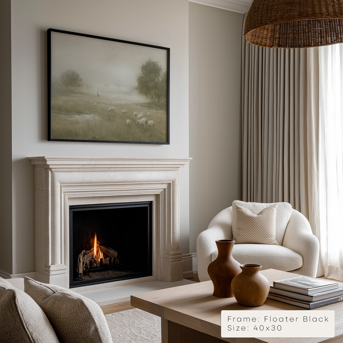 Living room with fireplace, white armchair, and framed artwork on the wall. __lifestyleImage