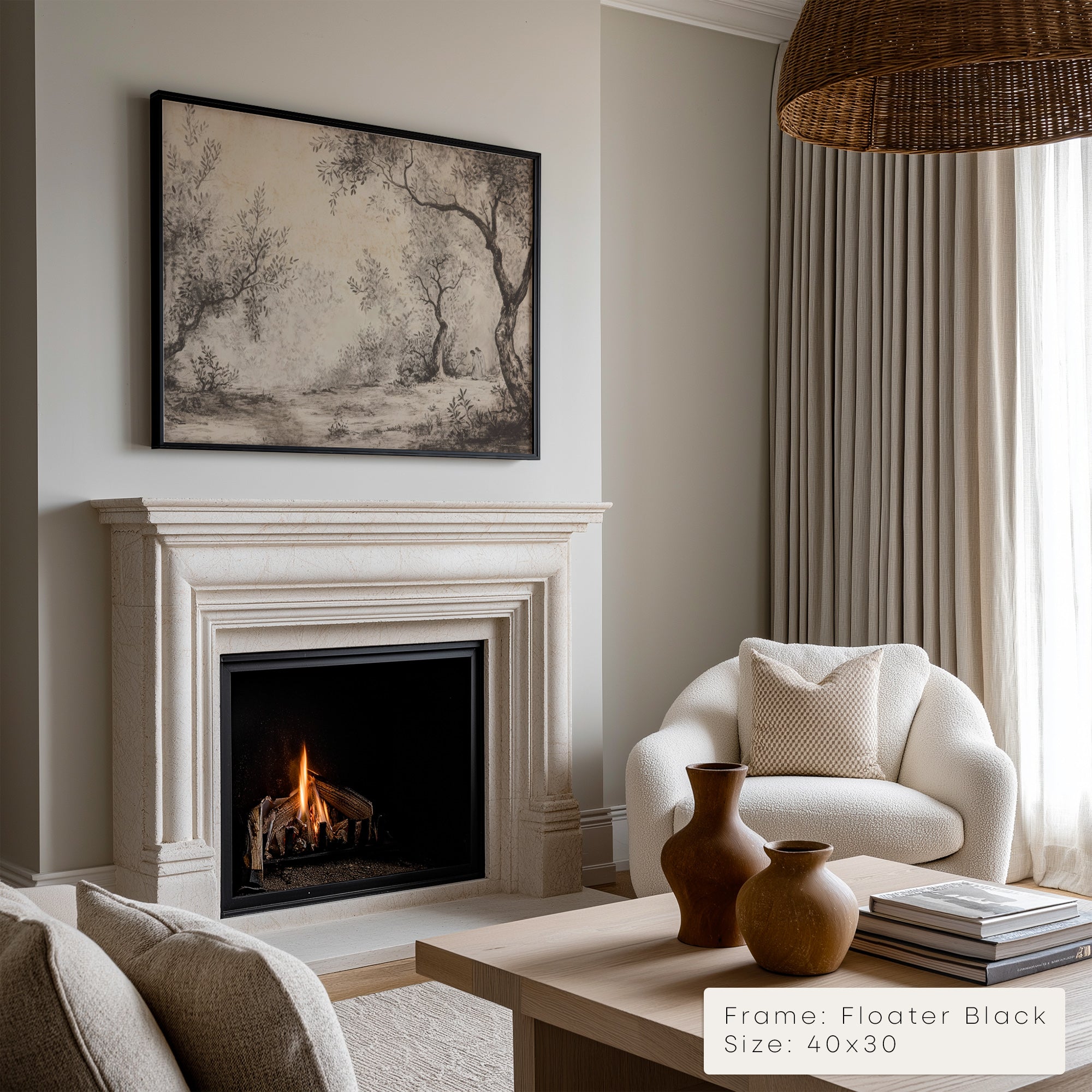 Living room with fireplace, white armchair, and decorative vases.
