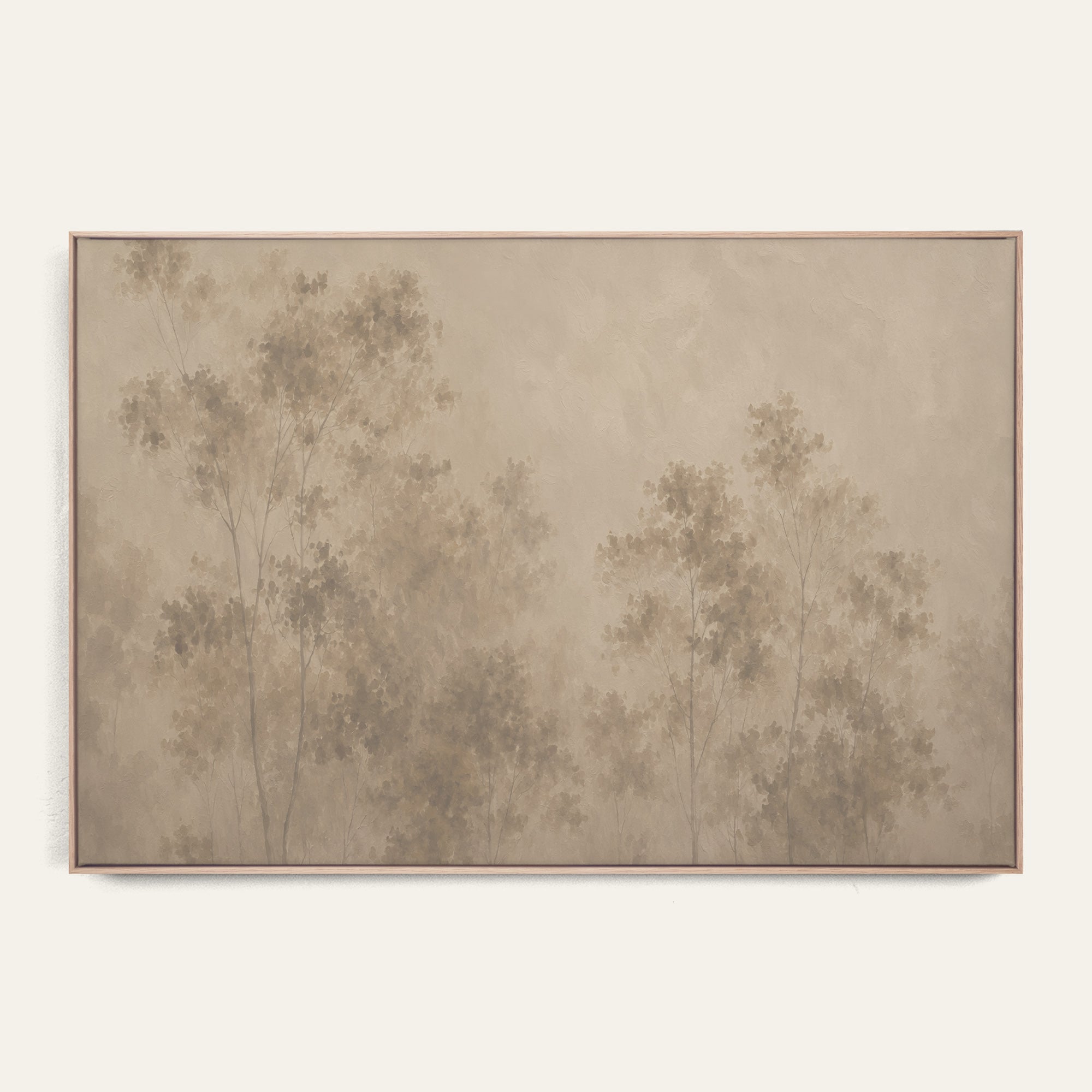 A framed wall art print featuring a soft, muted landscape of trees in warm beige and taupe tones, displayed against a clean off-white wall. 