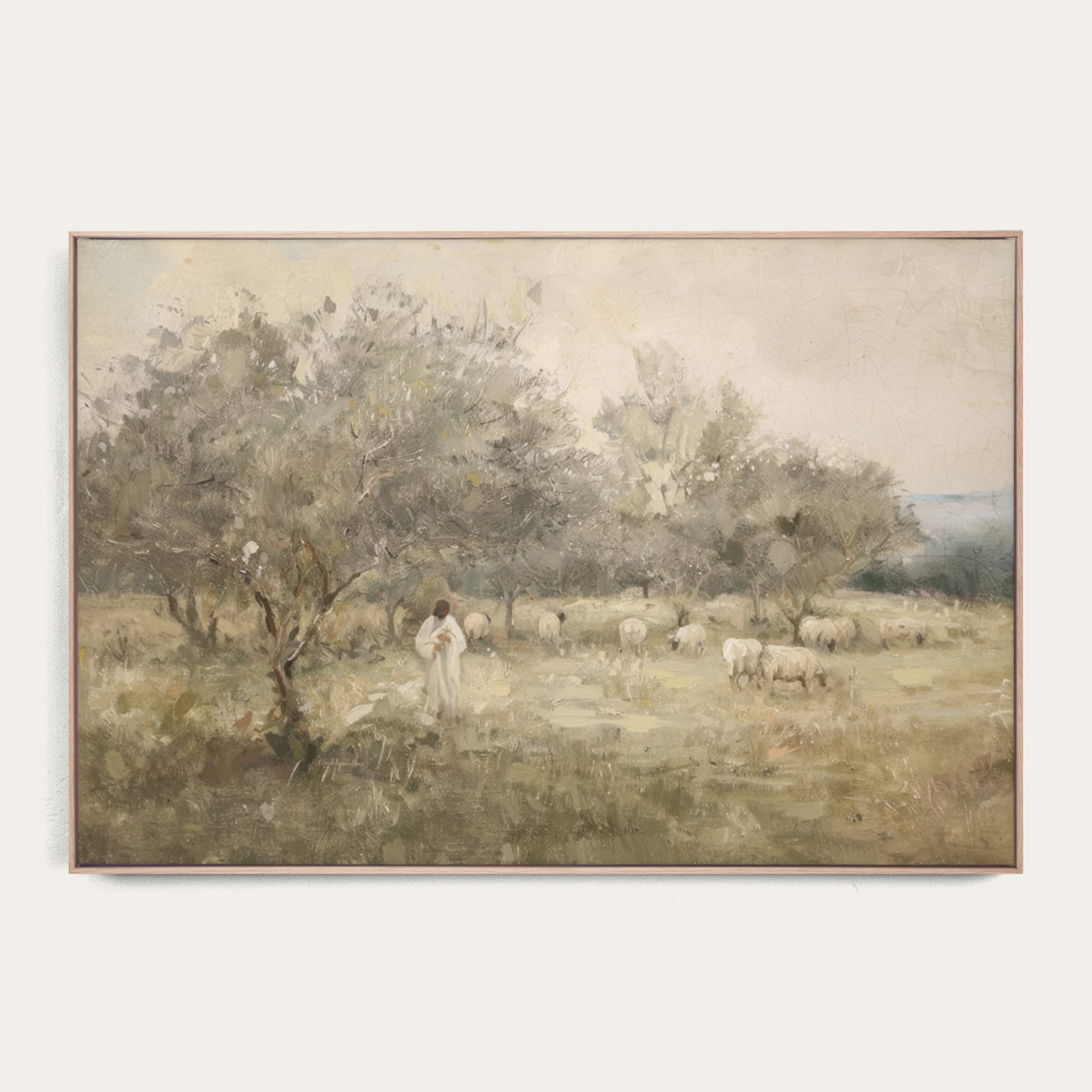 Framed painting of a pastoral scene with a shepherd and sheep in a field. 