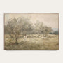 Framed painting of a pastoral scene with a shepherd and sheep in a field. #Oak
