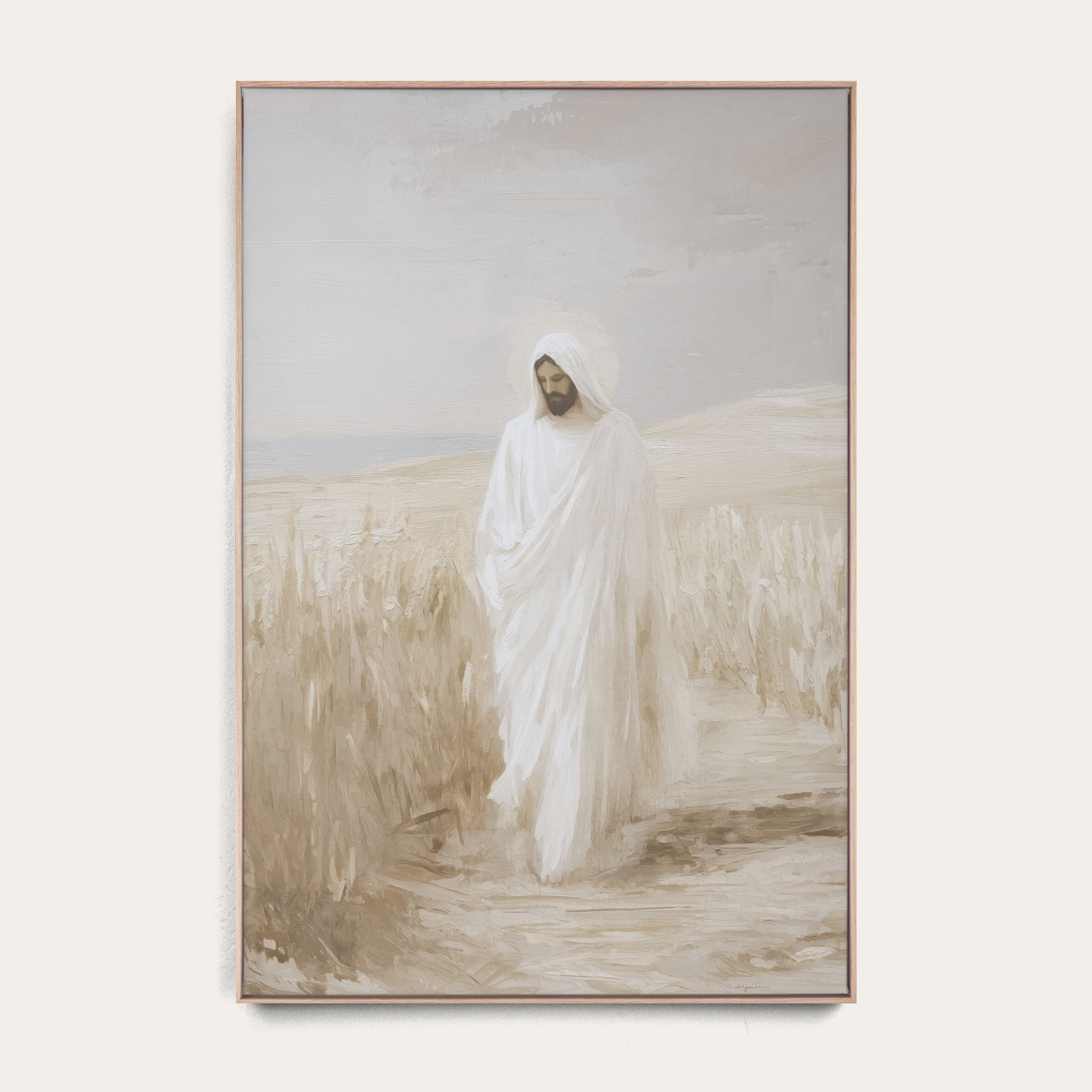 Artistic depiction of a figure in a white robe standing in a field with a neutral background 