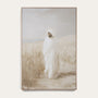 Artistic depiction of a figure in a white robe standing in a field with a neutral background #Oak
