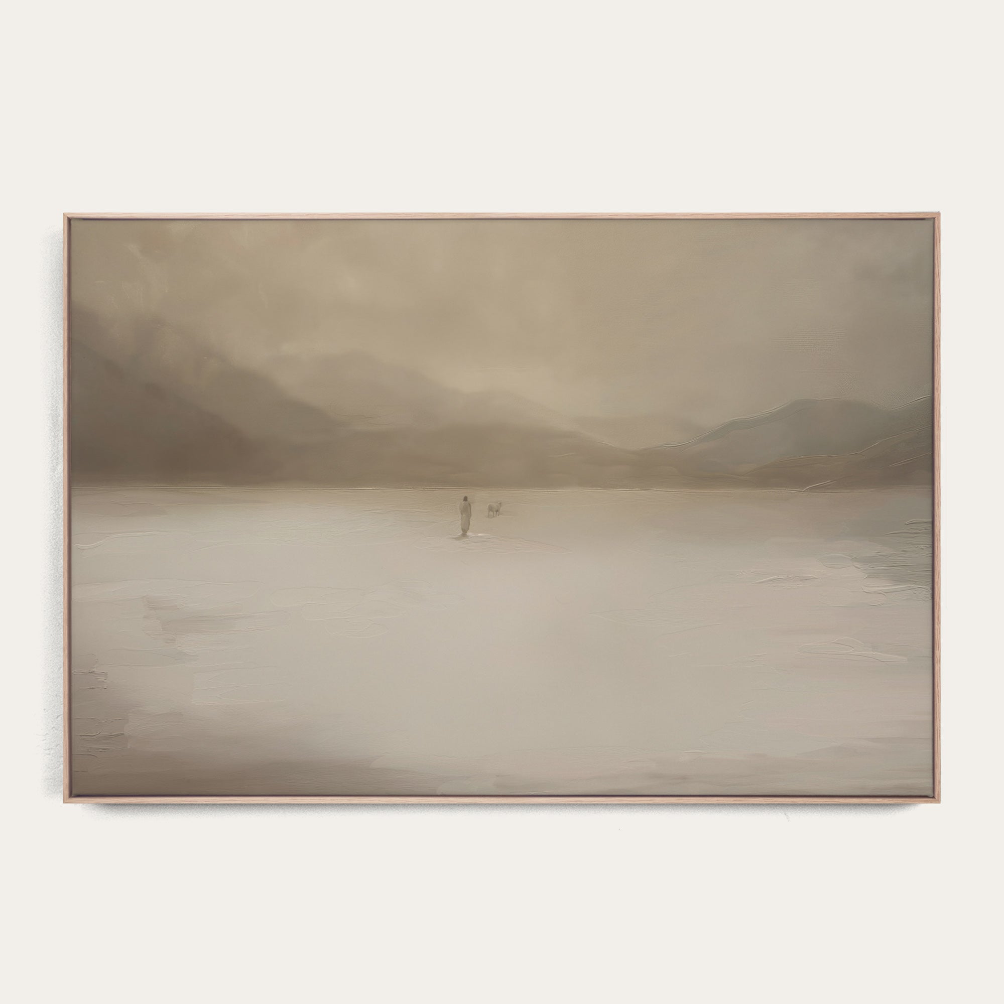 Framed painting of a misty landscape with a figure on a path over water. 