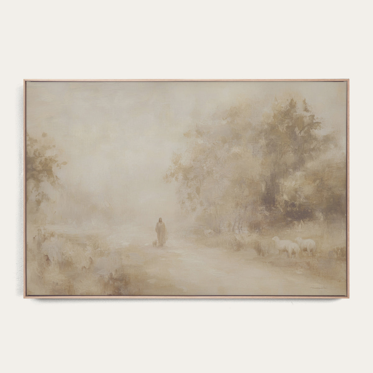 Framed landscape painting with a person and animals in a misty forest 