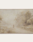 framed landscape painting with a person and animals in a misty forest 
