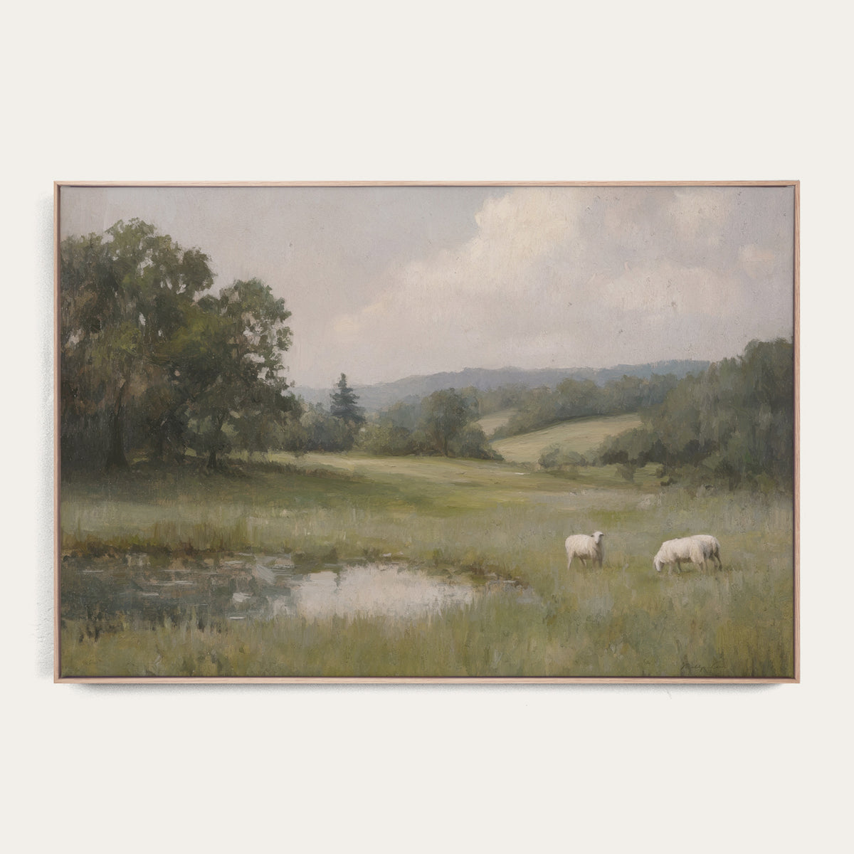 Framed painting of a pastoral scene with sheep and a pond. 