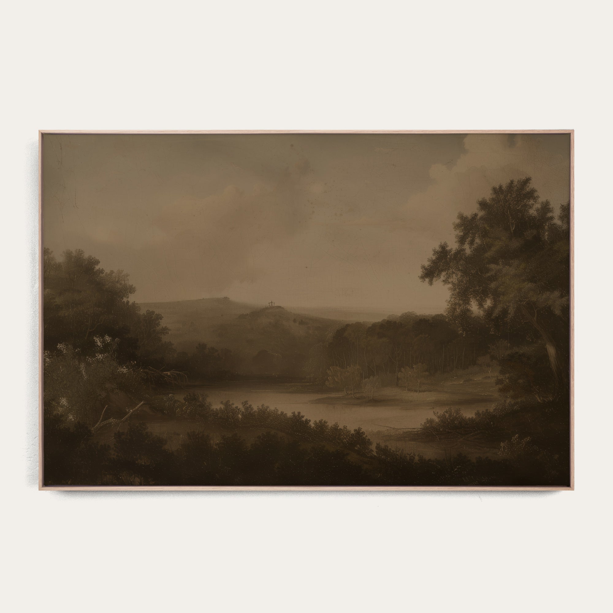 Sepia-toned landscape painting with trees and a river on a white background 