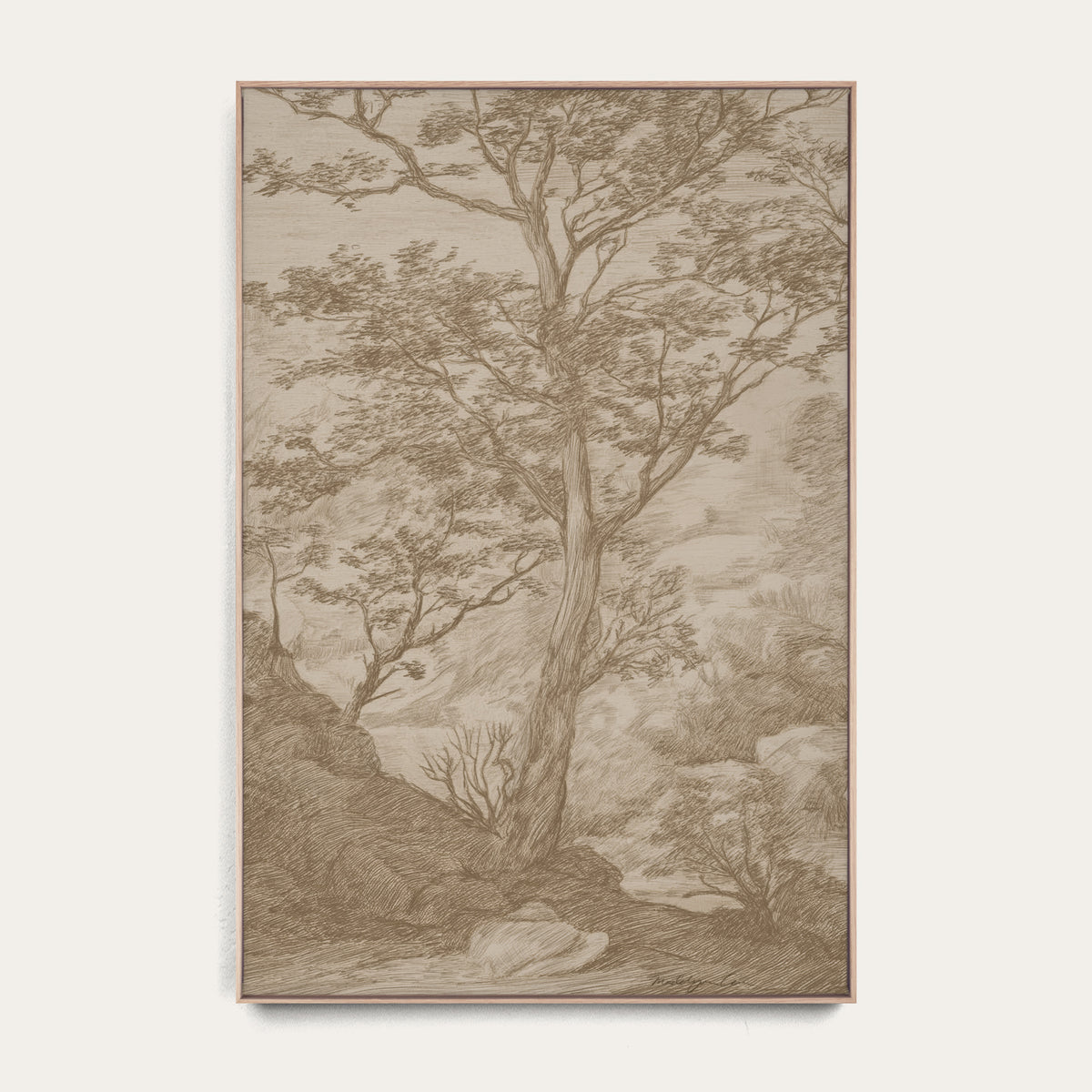 A framed landscape art print featuring a detailed sepia-toned sketch of a tree, rocks, and distant hills, displayed against a light off-white background. 