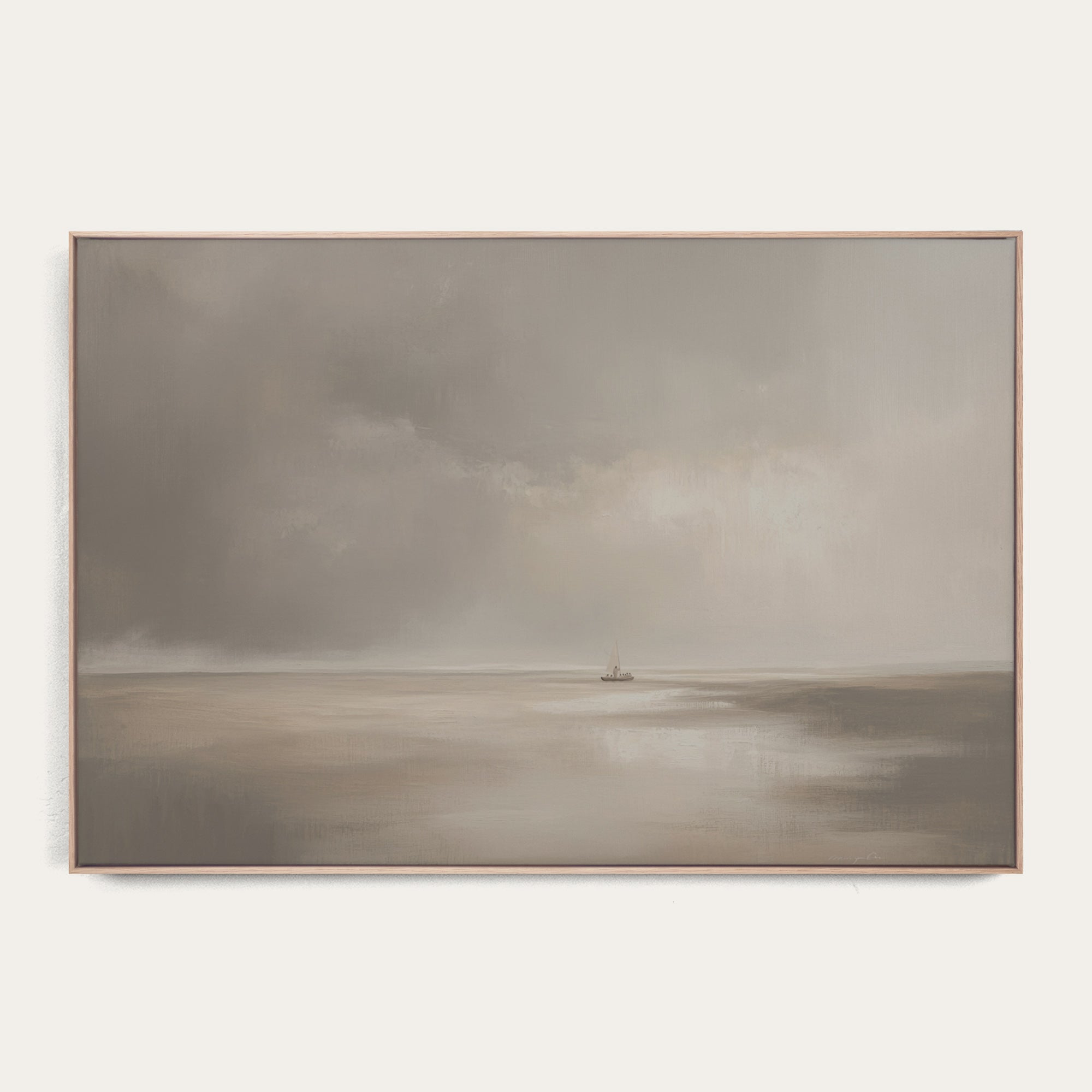 Framed artwork of a landscape with a boat on water under a cloudy sky. 