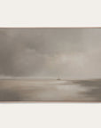 framed artwork of a landscape with a boat on water under a cloudy sky. 