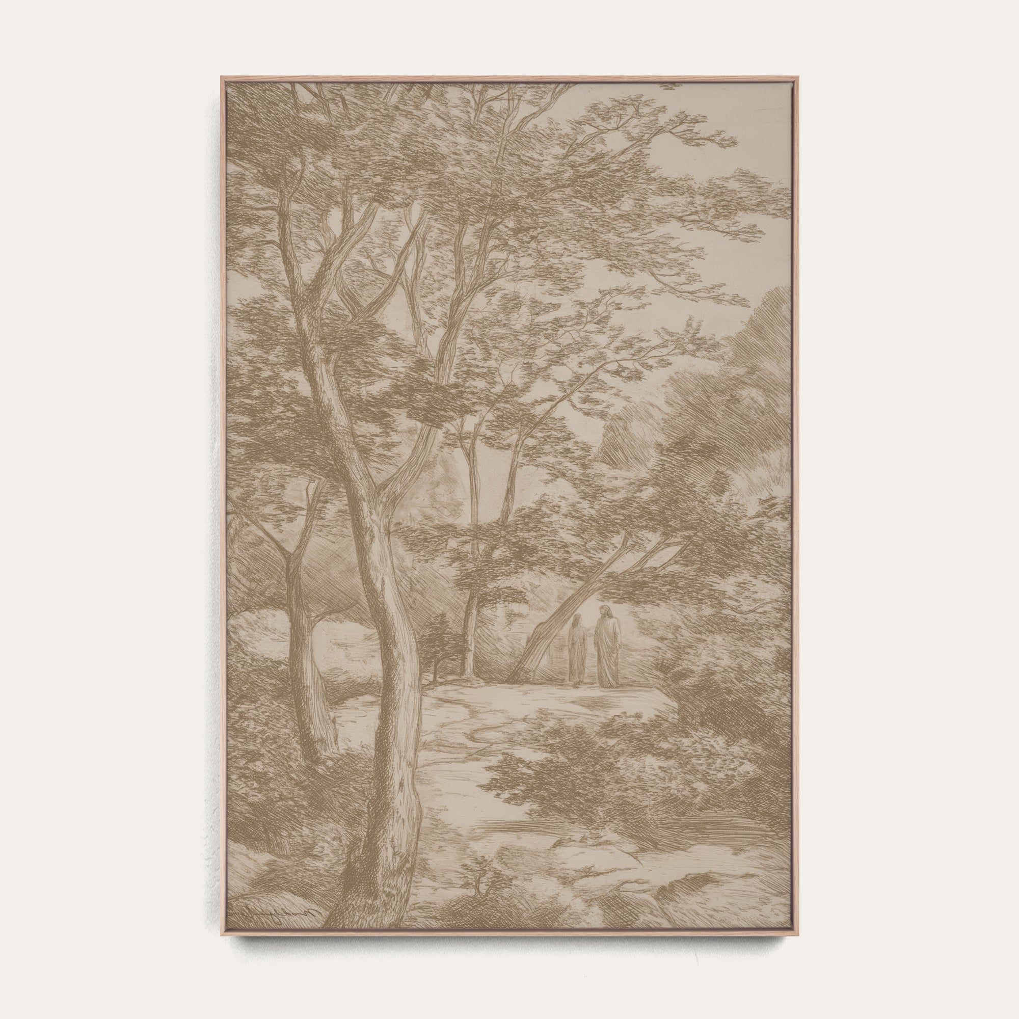 A framed landscape art print featuring a sepia-toned sketch of trees and a path with two small human figures, displayed against a light neutral background. 