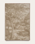 a framed landscape art print featuring a sepia-toned sketch of trees and a path with two small human figures, displayed against a light neutral background. 
