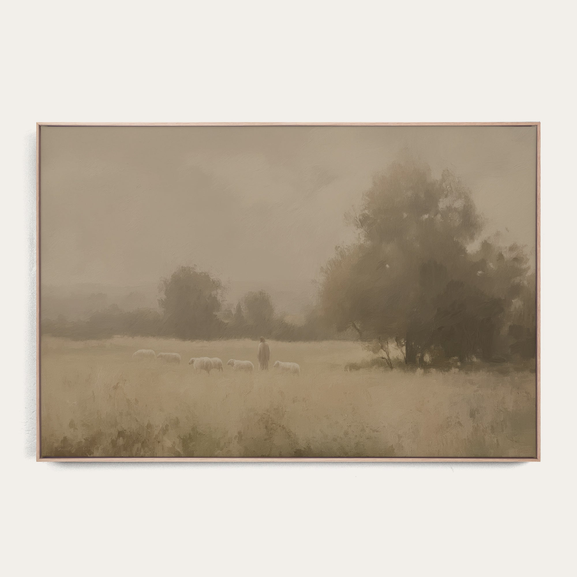 Framed artwork of a landscape with trees and a person in a field. 