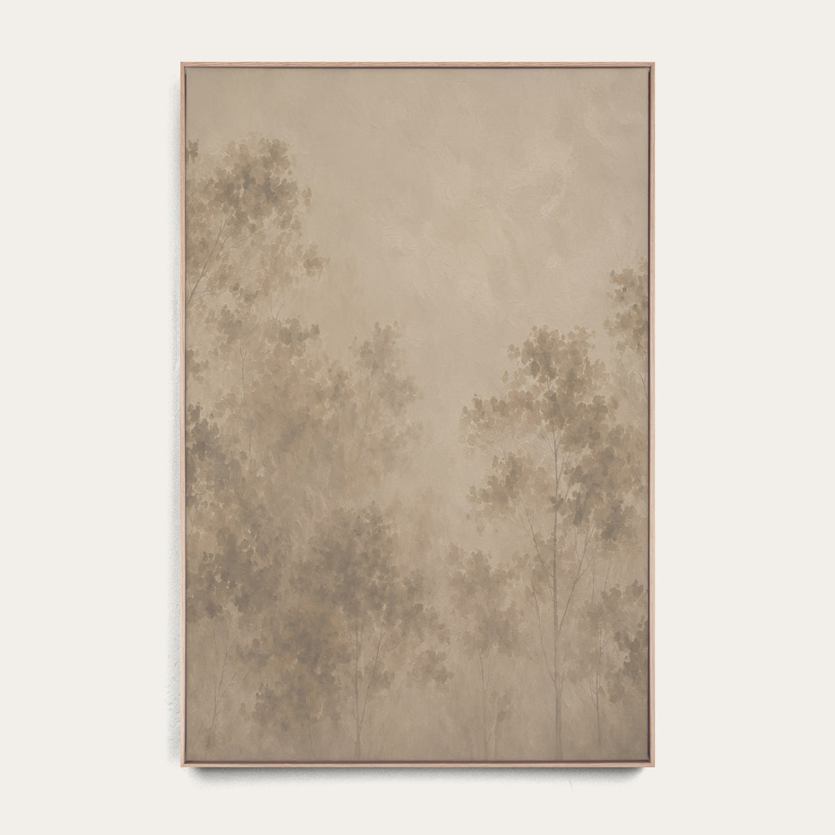 A framed vertical art print featuring a soft, muted landscape of trees in warm beige and taupe tones, displayed against a light off-white wall. 