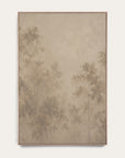 a framed vertical art print featuring a soft, muted landscape of trees in warm beige and taupe tones, displayed against a light off-white wall. 