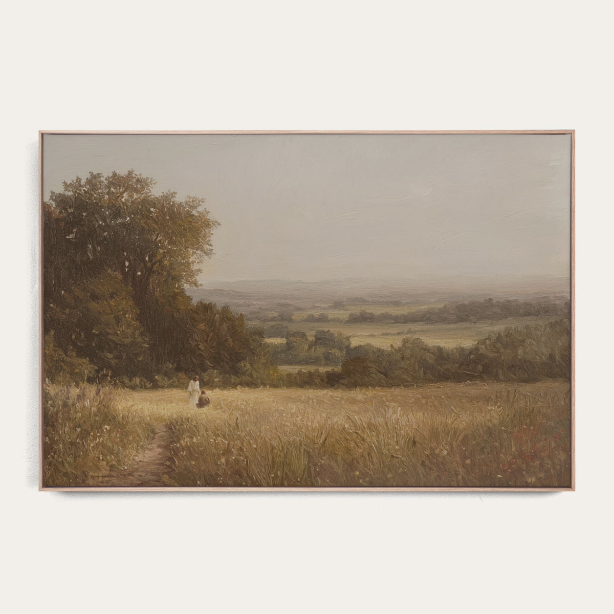 Framed landscape painting of a person walking through a field with trees and a misty background. 