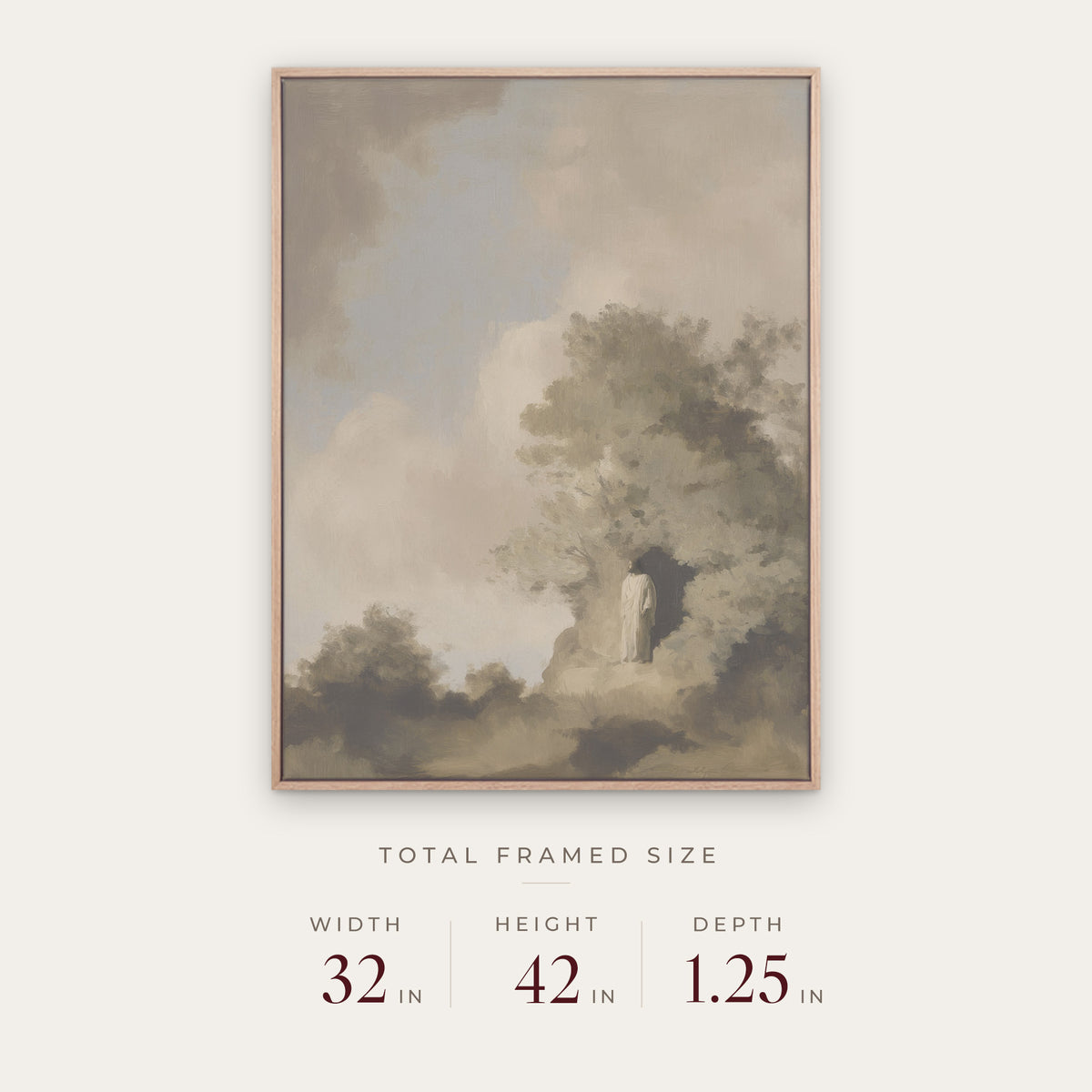 Risen in a light oak floater frame with its total framed size listed below: 32 inches wide, 42 inches high, and 1.25 inches deep. #Oak #30x40