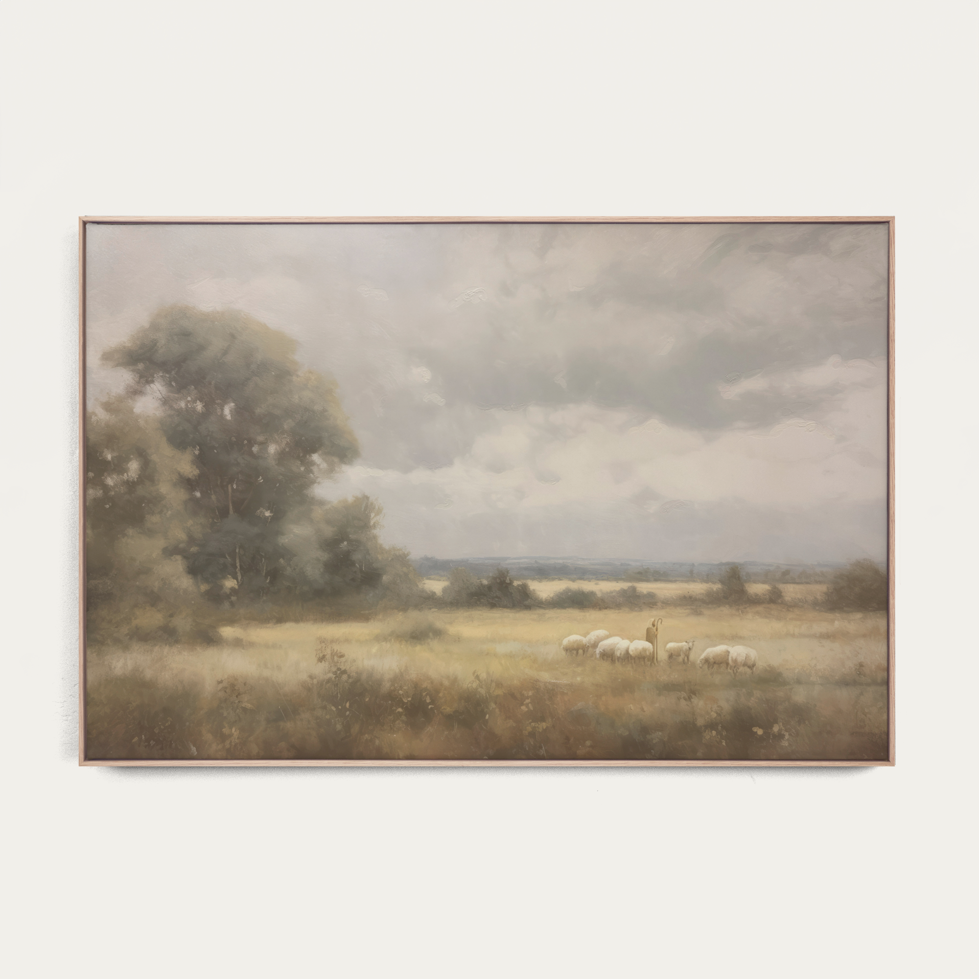 Framed painting containing a landscape, 2 trees, and a shepherd with sheep. 