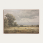Framed painting containing a landscape, 2 trees, and a shepherd with sheep. #Oak