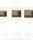 a size guide infographic showing three landscape paintings of increasing scale labeled 30" x 40", 36" x 48", and 40" x 60", with a 79-inch console table line drawing below for reference.