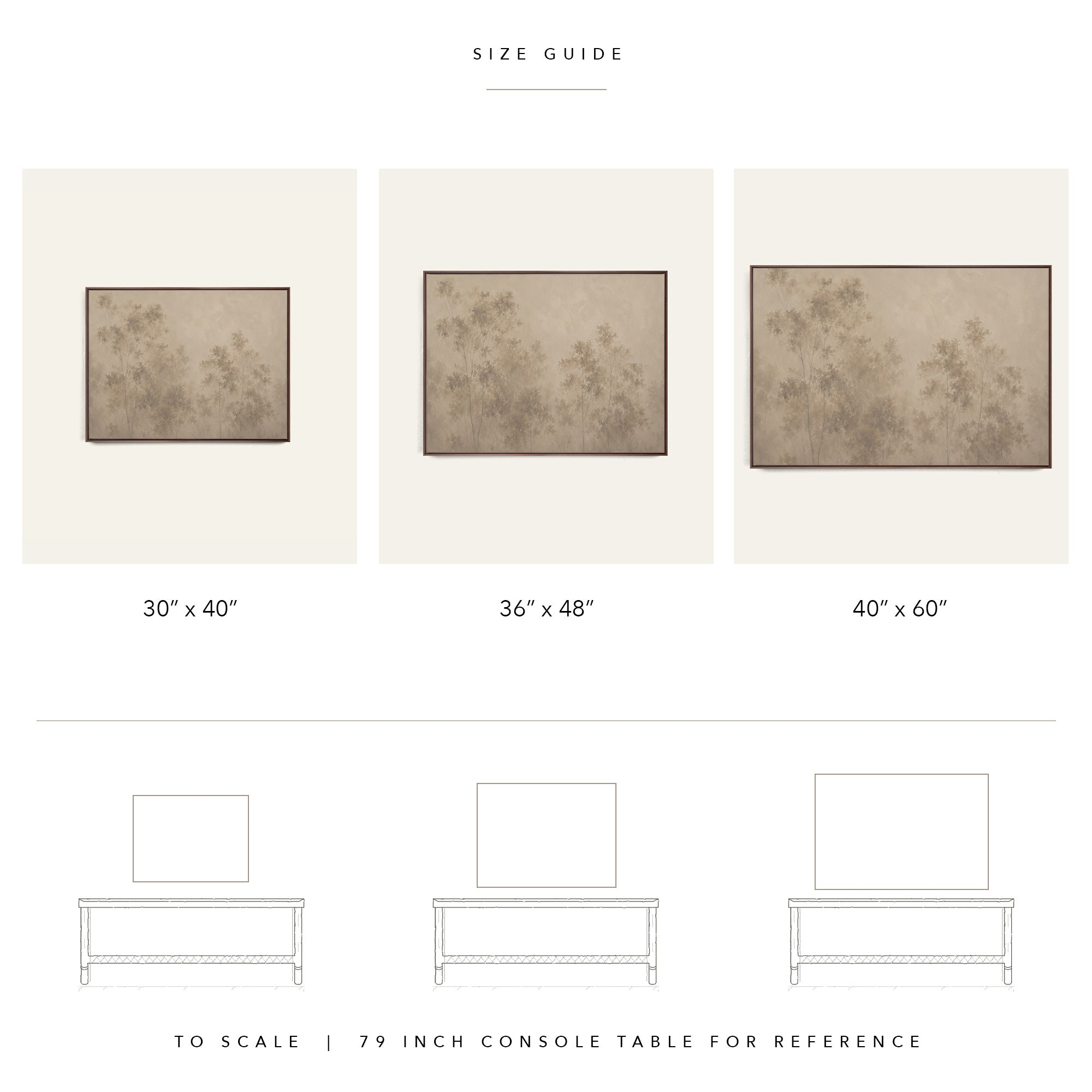 Size guide chart showing three framed wall art prints labeled 30" x 40", 36" x 48", and 40" x 60", with a 79-inch console table reference below on a white background.