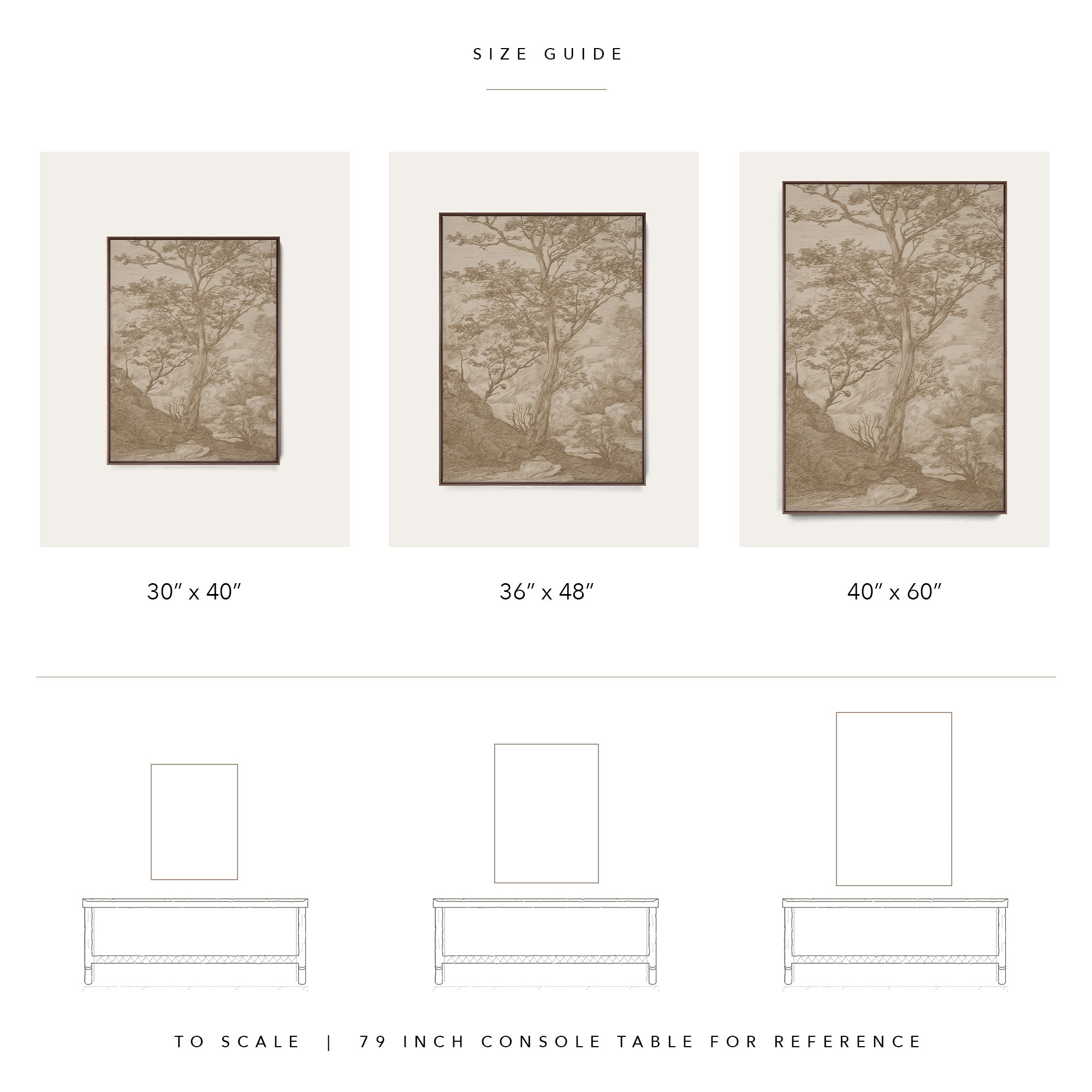Size guide chart showing three framed wall art prints with tree illustrations in different sizes labeled 30" x 40", 36" x 48", and 40" x 60", plus line drawings of console tables and a note to scale using a 79-inch console table.