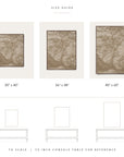 size guide chart showing three framed wall art prints with tree illustrations in different sizes labeled 30" x 40", 36" x 48", and 40" x 60", plus line drawings of console tables and a note to scale using a 79-inch console table.