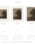 size guide chart showing three framed landscape paintings with tree scenes, labeled 30" x 40", 36" x 48", and 40" x 60", plus line drawings of console tables and a note reading 79 inch console table for reference.