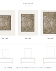 size guide diagram showing three framed wall art options labeled 30" x 40", 36" x 48", and 40" x 60" above simple line drawings of a console table for scale, with text reading 'size guide' and 'to scale | 79 inch console table for reference'.
