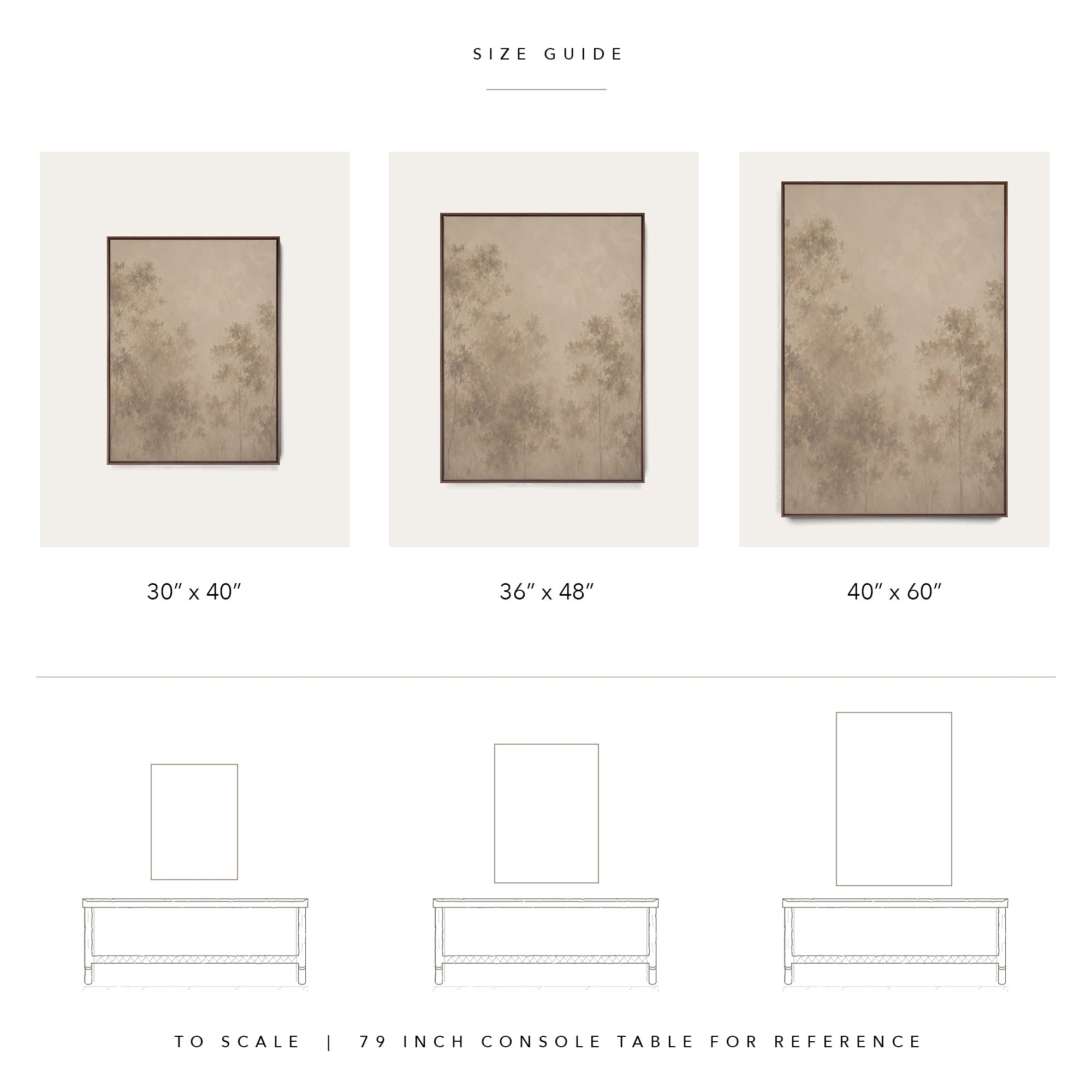 Size guide chart showing three framed wall art options labeled 30" x 40", 36" x 48", and 40" x 60" above a line drawing of a 79-inch console table for scale, on a white background.