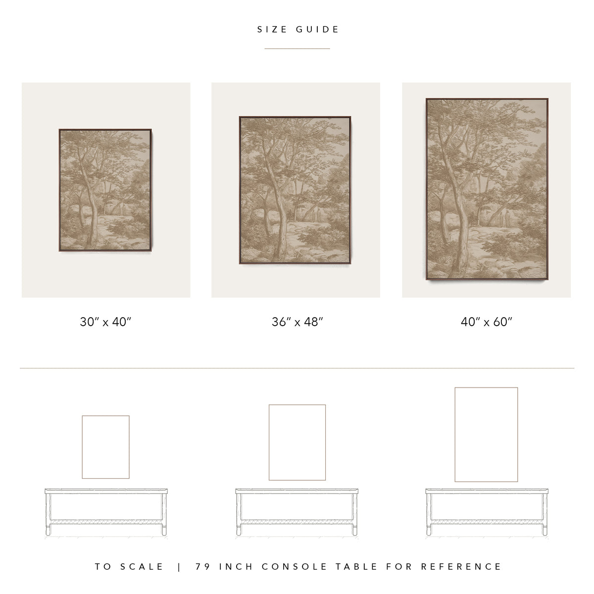 Size guide chart showing three framed wall art prints with different dimensions labeled 30" x 40", 36" x 48", and 40" x 60", plus line drawings of console tables for scale on a white background.